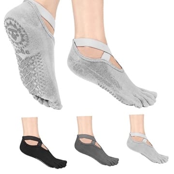 Topretty 3 Paare Damen Yogasocken Zehensocken für Yoga mit Riemen Sticky Rutschfeste Sportsocken Yoga-Socken mit Gummisohlen Fünf Zehen Socken für Pilates Yoga Ballett Tanz (Schwarz/Grau/Dunkelgrau)