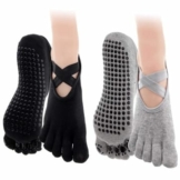 YINETTECH 2 Paar Anti-Rutsch Yoga 5 Zehen Socken Set Damen Vollzehen Workout Grau + Schwarz